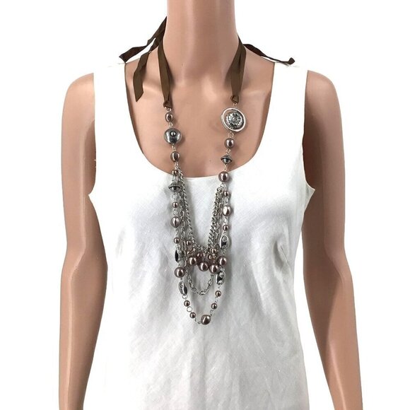 Triple Tier Necklace Layered Look Ribbon Tie Silver Tone Brown - Picture 2 of 2